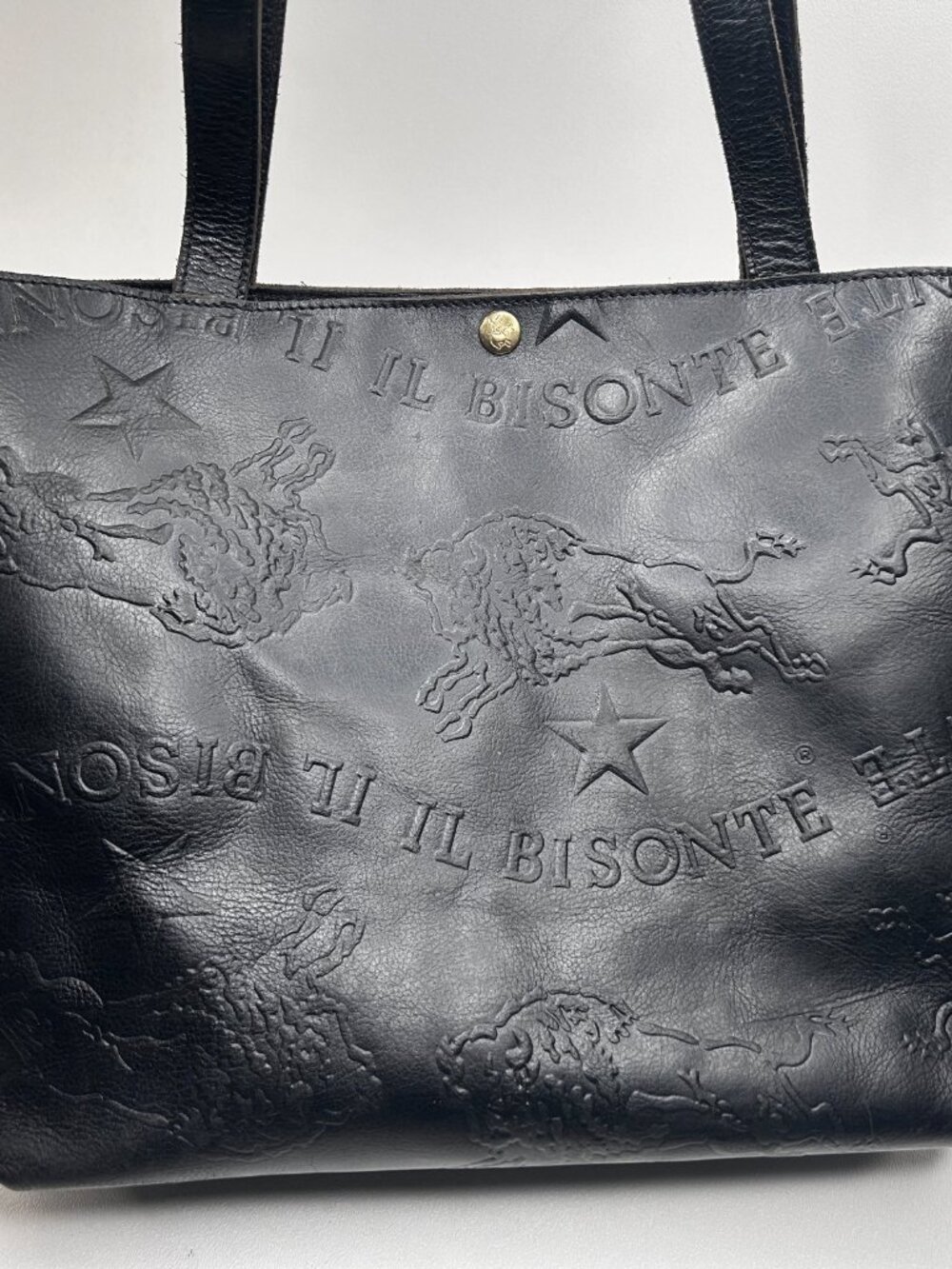 IL BISONTE Tote Bag Shoulder Bag Black Leather RARE Embossed